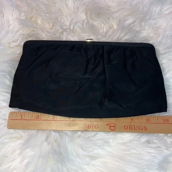 BOBBIE JEROME blk evening bag, sz. on pics, 1 spot, gold handle option. $15 - Picture 5 of 8